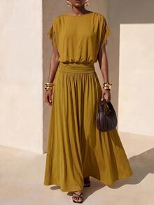 Zivah Women's Solid Color Round Neck Batwing Short Sleeve Elegant Long Dress - Mustard Yellow - View 2