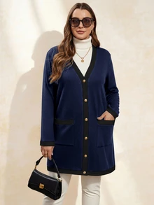 Chikora Plus Size Women Elegant & Comfortable Metal Button Closure Long Warm Cardigan, Black & White - Navy Blue - View 4