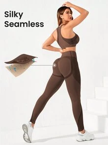 SHEIN Sports 女款拼色上衣與高腰緊身無縫高彈力運動套裝 - 棕色 - 查看 2