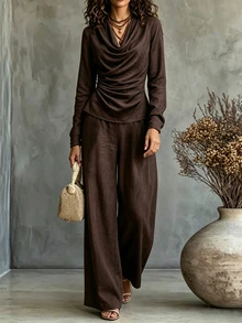 SHEIN Women's Solid Color Cowl Neck Long Sleeve Top + Wide Leg Pants 2 Pieces Set - Coffee Brown - View 1