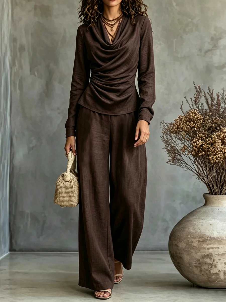 SHEIN Women's Solid Color Cowl Neck Long Sleeve Top + Wide Leg Pants 2 Pieces Set - Coffee Brown - View 1