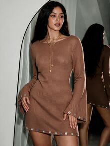Orbivine Plus Size Hollow Out Semi-Sheer Brown Shell Button Dress For Sisters Gathering, Date, Dinner, Outing, Beach Wear - Brown - View 6