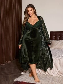Slumberist Plus Size Lace Patchwork Velvet Camisole Nightgown + Tie Long Lace Robe Set - Green - View 1