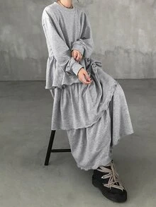 FRIFUL 女款秋季層次感大裙擺長洋裝 - 灰色 - 查看 6
