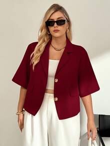 Auralis Plus Size Summer Casual Solid Color Blazer - Red - View 5