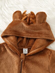 SHEIN 男嬰秋冬加厚抓絨內裡鹿圖案毛絨連帽連身衣 - 棕色 - 查看 4