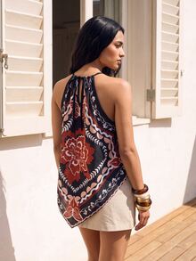 CAJUNI Women's Floral Print Asymmetrical Hem Casual Halter Tank Top - Multicolor - View 2