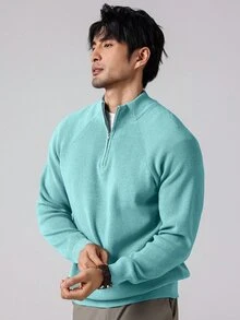 Manfinity Homme 男士素色插肩袖長袖半拉鍊休閒毛衣 - 薄荷藍 - 查看 4