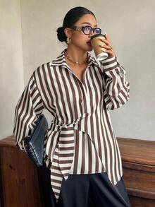 Dazy Plus Solid Color Lapel Half-Open Front Hem Tie White Long Sleeve Shirt Plus Size Women Spring Autumn - Khaki - View 8