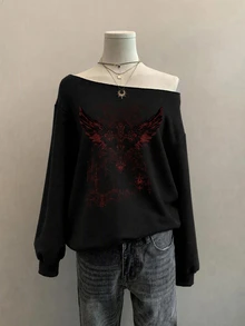 Attitoon 黑色休閒極簡復古龐克Y2K女款露肩寬鬆長袖翅膀十字紅花印花衛衣，適合秋冬舒適穿著 - 黑色 - 查看 4
