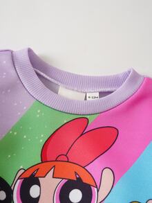 THE POWERPUFF GIRLS X SHEIN Baby Girl Cartoon Print Long Sleeve Sweatshirt And Pants Set - Purple - View 3