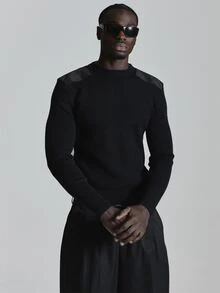 Musero Slim Fit Military Ribbed Knit Jumper With Contrast Applique Shoulder Patches Autum Winter Essentials - Black - View 2