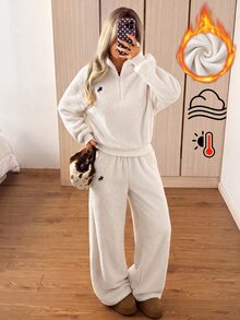 SHEIN EZwear 女款騎士圖案長袖上衣與長褲休閒日常兩件套 - 杏色 - 查看 1