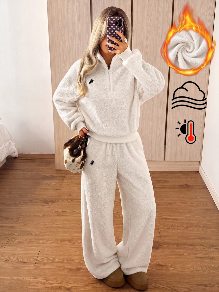 SHEIN EZwear 女款騎士圖案長袖上衣與長褲休閒日常兩件套 - 杏色 - 查看 1