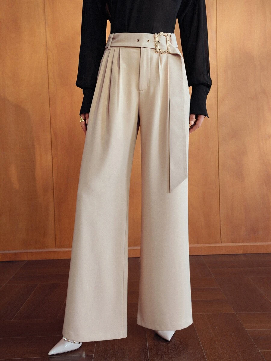 MOTF PREMIUM WOMEN'S SOLID COLOR BUCKLE BELT LOOSE WIDE LEG SUIT PANTS - Khaki - View 1