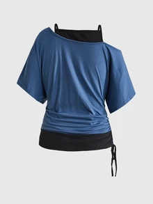 ROMWE Grunge Punk 夏季復古龐克風眼睛印花拼色 2 合 1 不對稱肩寬鬆女款 T-shirt - 藏蓝色 - 查看 2