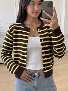 SHEIN 青少年女孩休閒純色圓領長袖寬鬆短版開襟毛衣，秋季保暖舒適，慵懶時尚，適合日常通勤 - 彩色 - 查看 1