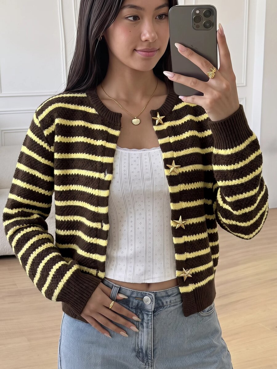 SHEIN 青少年女孩休閒純色圓領長袖寬鬆短版開襟毛衣,秋季保暖舒適,慵懶時尚,適合日常通勤 - 彩色 - 查看 1
