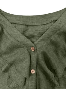 Linhara CURVE Plus Size Women's Woven Regular Fit Autumn/Winter American Vintage Western Style Casual Commute V-Neck Double Layer Ruffle Bell Sleeve Loose Relaxed Slouchy Distressed Gray Green Shirt - Green - View 4