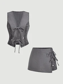GlowEve 女款豹紋V領上衣與裙褲休閒日常牛仔套裝 - 灰色 - 查看 10