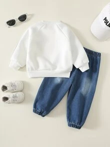 SHEIN 男女嬰兒/幼兒 2件組秋冬加厚抓絨時尚運動衫套裝，運動服，嬰兒冬季套裝，牛仔褲，丹寧，運動服 - 藍色 - 查看 2
