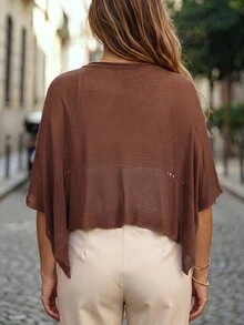Linhara CURVE Plus Size Women's Autumn/Winter Thin Crew Neck Asymmetrical Loose Knit Pullover Sweater - Coffee Brown - View 2