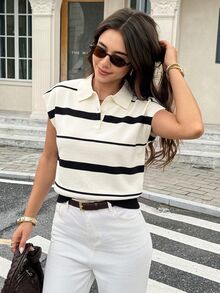 Serisse Women's Fashion Button Half-Placket Striped Knit Top - White - View 5