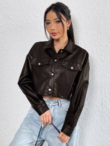 SHEIN EZwear 深褐色PU皮革長袖夾克，女款秋季服飾，2026夜晚外出穿搭，性感頹廢風 - 巧克力棕 - 查看 5