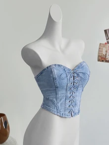SHEIN Women's Denim Lace-Up Tube Top - Blue - View 5