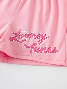 LOONEY TUNES X SHEIN Young Girl Cartoon Print T-Shirt And Shorts Set - Pink - View 7