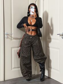 BamGleam Festival Standard Size Women's Leopard Print Non-Stretch Loose Sexy Banana Jeans - Brown - View 8
