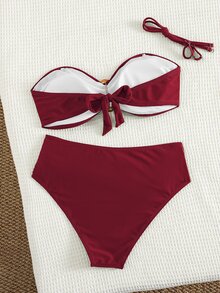 Swim Chiccia 女款海灘度假休閒波爾多紅可拆式細肩帶高腰比基尼套裝，附金屬裝飾 - 酒紅色 - 查看 2