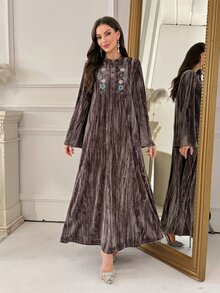 Al Najma Women's Floral Embroidered Button Half-Placket Long Sleeve Elegant Arabian Dress - Khaki - View 6