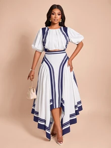 Brilight Outfit Petal Sleeve Crop Top High Waist Asymmetrical Maxi Skirt Set For Vacation Brunch Date Streetwe - Navy Blue - View 6