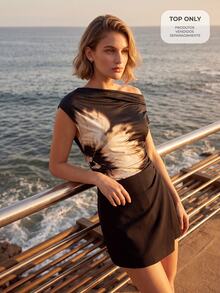 CAJUNI Slant Shoulder Knit Top With Floral Print - Black - View 1