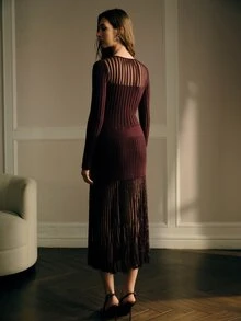 MOTF PREMIUM ELEGANT SEMI-SHEER MID-LENGTH DRESS FOR WOMEN, AUTUMN/WINTER - Burgundy - View 3