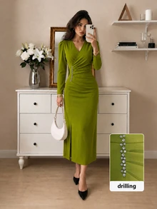 Modelyn Women's Knitted Green Long Sleeve Rhinestone Embellished Romantic Elegant Slim Fit Mid-Length Dress For Party And Outing - Green - View 1