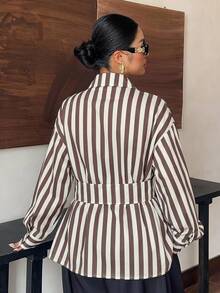 Dazy Plus Solid Color Lapel Half-Open Front Hem Tie White Long Sleeve Shirt Plus Size Women Spring Autumn - Khaki - View 7