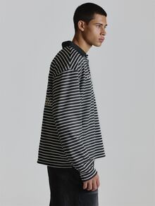 Musero Long Sleeve Stripe CrewNeck Top In Crop Length With Distressed Stripe Contarst Neckline Drop Shoulder Autum Winter Essentials - Black and White - View 4