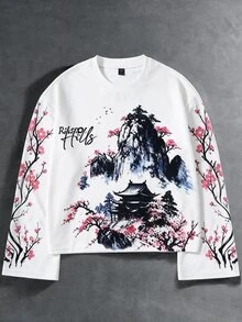 ROMWE MEN Street Life 男士風景圖案休閒長袖花卉拼接配色都市風套頭T恤，適合朋友，秋冬穿著 - 白色 - 查看 1