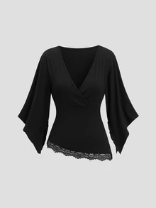 Sweetra Women's New Fashion Versatile Knit V-Neck Top With Lace Patchwork And Straight Leg Pants, Casual 2 Pieces Set, Black - Black - View 3