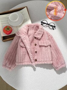 Baby Girl Pink Ribbed Fuzzy Thick Warm Turn-Down Collar Short Jacket, Pocket Decor, Suitable For Autumn/Winter Outdoor Wear - Pink - View 3