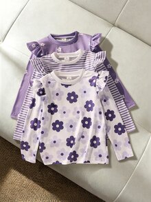 SHEIN 女童 3 件組印花套裝，花卉條紋荷葉袖，可愛甜美優雅舒適，適合外出，春夏季秋季 - 彩色 - 查看 4