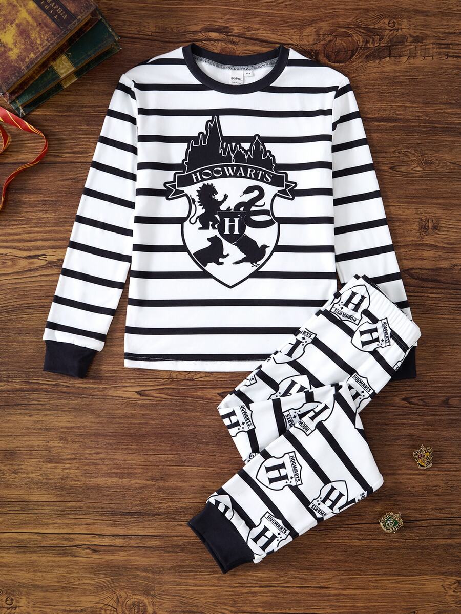 HARRY POTTER X SHEIN طقم بيجامة كاجوال يومي منزلي للأولاد المراهقين، ملابس علوية بأكمام طويلة مطبوعة بخطوط وحروف مع بنطال - أبيض وأسود - مشاهدة 1