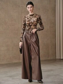 Anewsta Brown Vintage Floral Mesh Frill Trim Fitted Long Sleeve Women's T-Shirt - Coffee Brown - View 6
