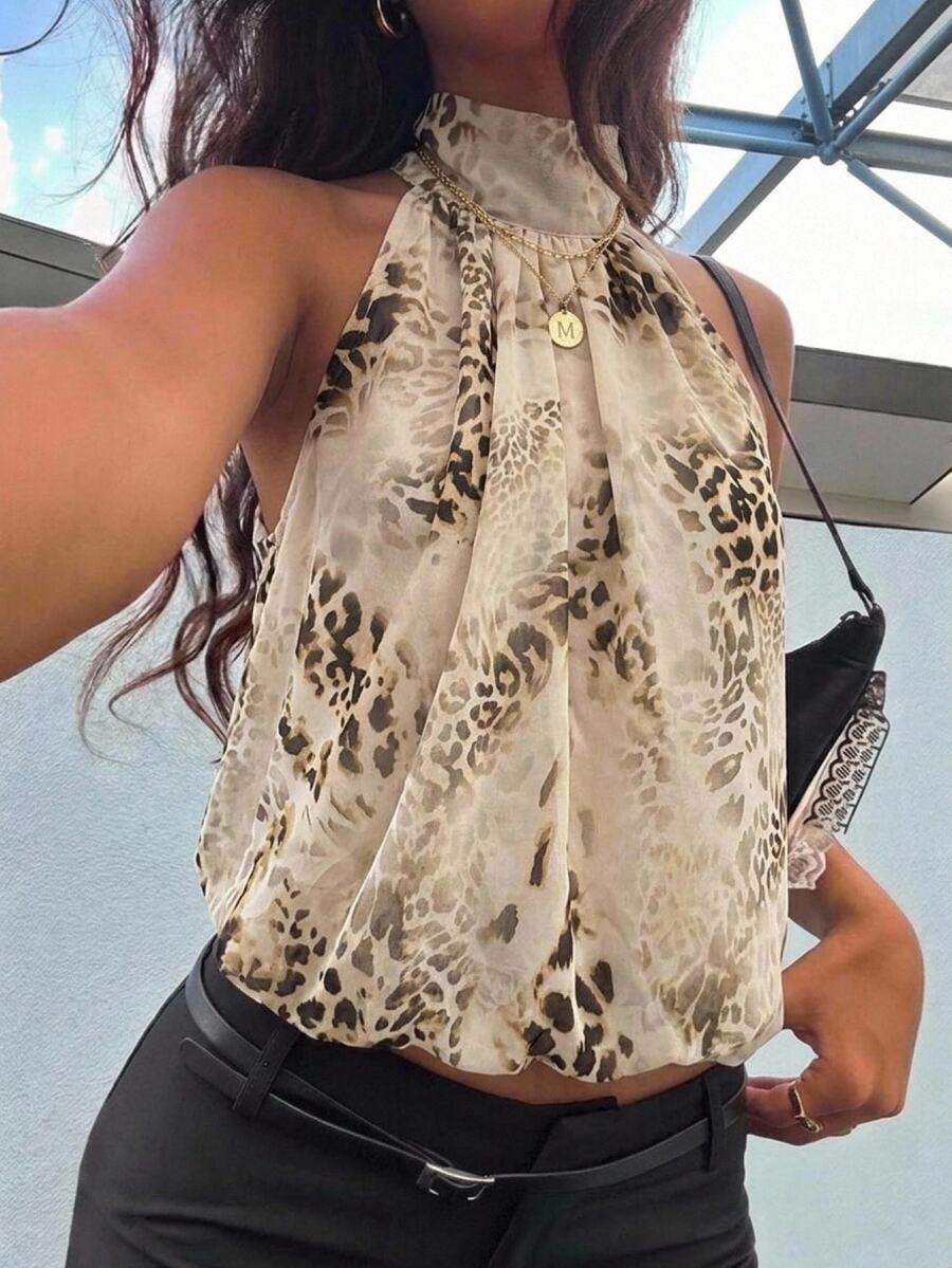Aloruh 女款印花雪紡掛脖上衣 秋季女裝 外出穿搭上衣 女款襯衫 優雅現代風格