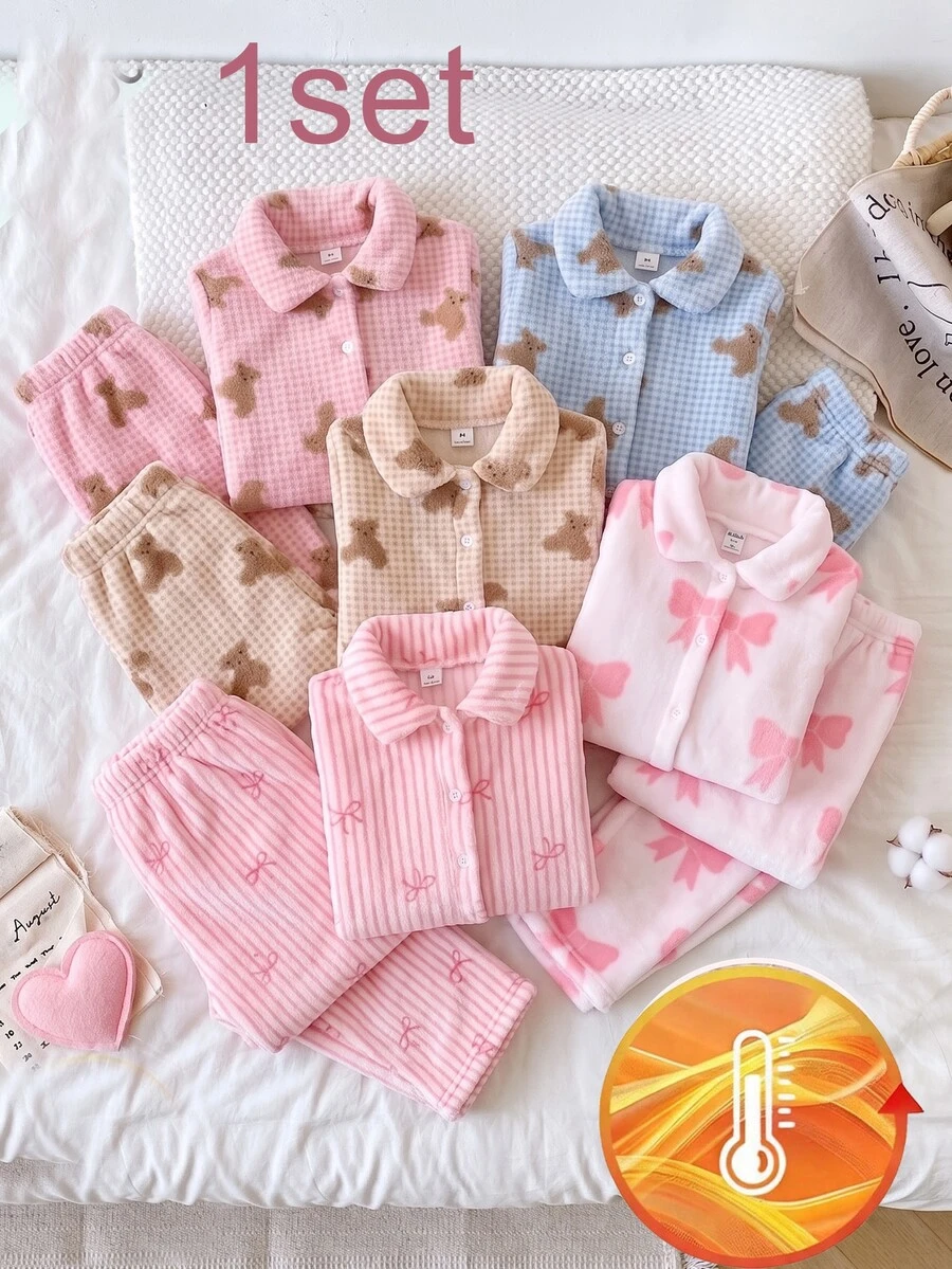 2pcs Baby Girl Soft Fluffy Pink Fleece Striped Bow & Heart Pattern Lapel Front Closure Long Sleeve Pants Pajama Set - Pink - View 1