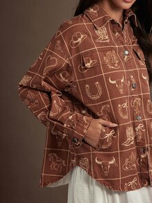 WESTFADE 西部印花寬鬆長袖牛仔襯衫外套 Shacket，秋季秋冬 2026，女款鄉村風牛仔女郎可愛感恩節服飾 - 彩色 - 查看 4