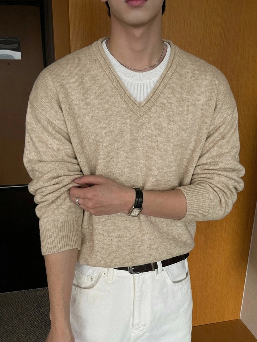 DAZY Autumn/Winter Khaki Body With Rolled Edge Design V-Neck Contrast Color Round Neck White 2 In 1 Men's Sweater - Khaki - View 1