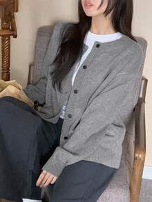 DAZY Women's Solid Color Loose Long Sleeve Round Neck Casual Vacation Autumn/Winter Knit Cardigan - Grey - View 7